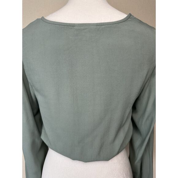 Women's Ruched Long Sleeve Crop Top Green Sz M V-Neck Blouse Drawstring - Picture 7 of 14
